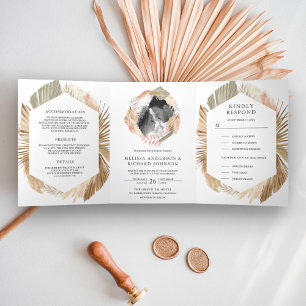 Boho Pampas Wreath Dried Palm 3 in 1 Wedding Tri-Fold Invitation