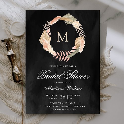 Boho Pampas Wreath Dried Palm Black Bridal Shower Invitation