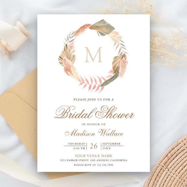 Boho Pampas Wreath Dried Palm Leaves Bridal Shower Invitation (Creator Uploaded)