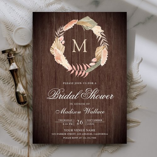 Boho Pampas Wreath Dried Palm Wood Bridal Shower Invitation