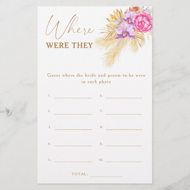 Boho pampass - Where were they bridal shower game (Front)