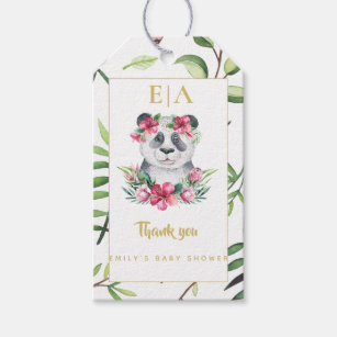 Boho Panda Bear Pink Flowers Baby Shower Thank You Gift Tags