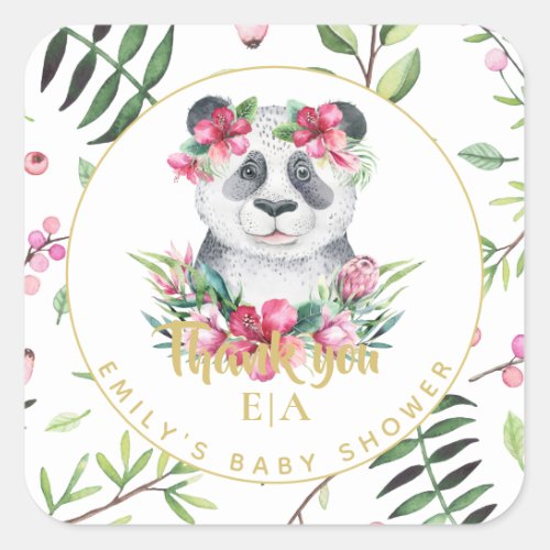 Boho Panda Bear Pink Flowers Baby Shower Thank You Square Sticker