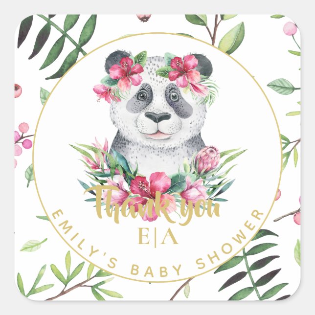 Boho Panda Bear Pink Flowers Baby Shower Thank You Square Sticker (Front)
