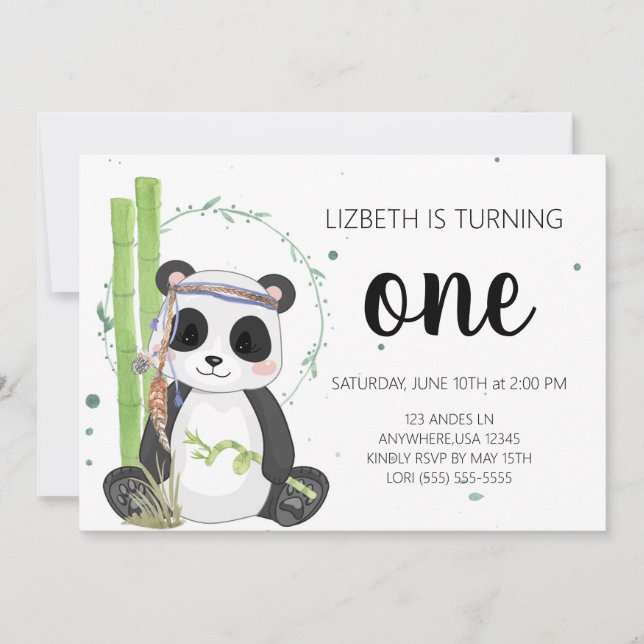 Boho Panda Birthday Invitations - Girl (Front)