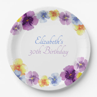Boho Pansy Garden Party Hand-Illustrated Birthday Paper Plates