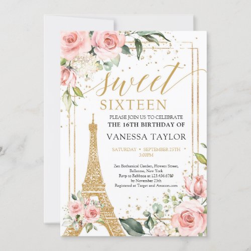 Boho Paris Eiffel blush floral greenery gold 16th Invitation