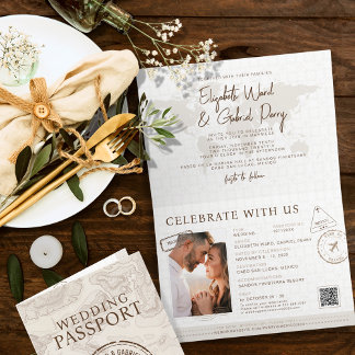 Boho Passport Destination Qr Code Wedding Invitation