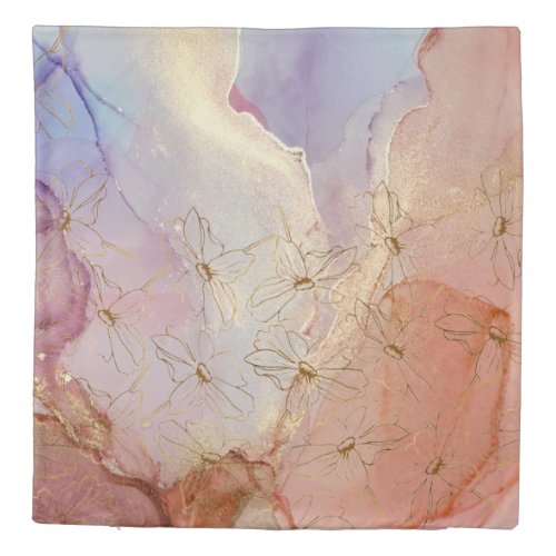 Boho Pastel Art Gold Foil Floral Duvet Cover