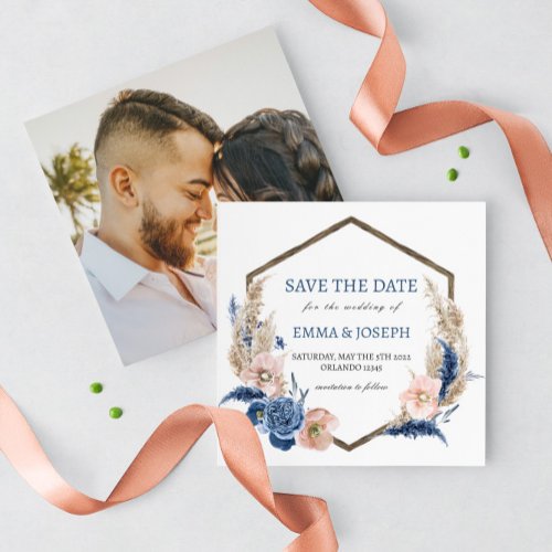 Boho pastel blue  blush chic floral Save the Date Invitation