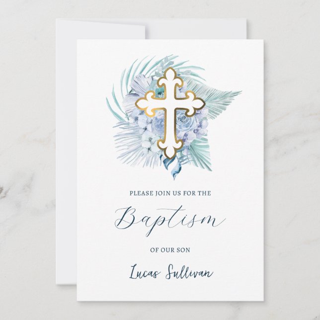 Boho Pastel Blue Bouquet Baptism Invitation (Front)