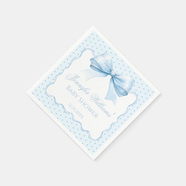 Boho pastel blue bow ribbon baby boy shower paper napkins (Corner)
