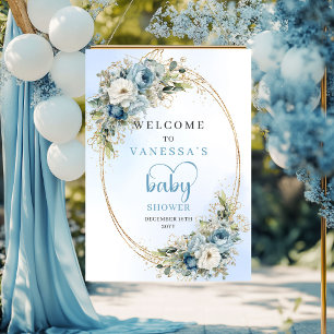 Boho Pastel Blue Floral Eucalyptus Baby Shower Poster
