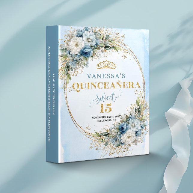 Boho Pastel Blue Floral Eucalyptus Quinceañera   3 Ring Binder (Boho Pastel Blue Floral Eucalyptus Quinceañera Album)