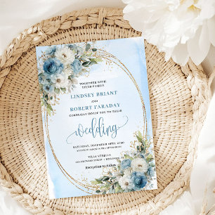 Boho Pastel Blue Floral Glitter wedding invite