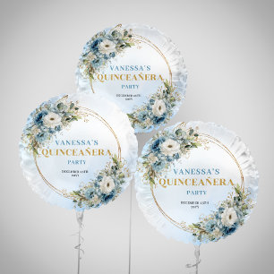 Boho Pastel Blue Floral Greenery Gold Balloon