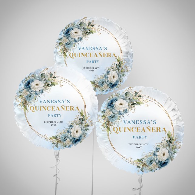 Boho Pastel Blue Floral Greenery Gold Balloon (Boho Pastel Blue Floral Greenery Gold Balloon)