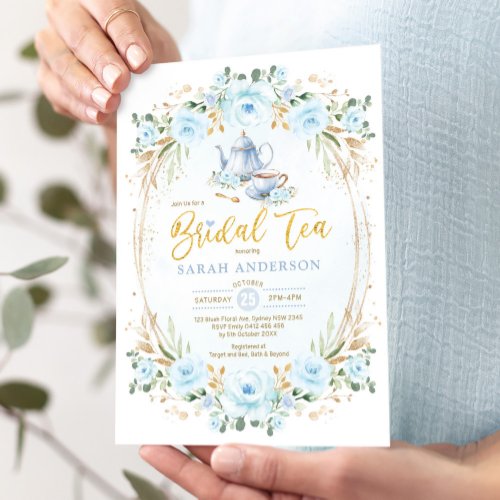 Boho Pastel Blue Flower Bridal Shower Tea Party Invitation