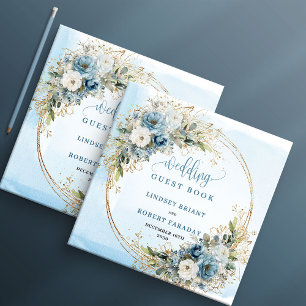 Boho Pastel Blue Flowers Gold Wedding Guest Book