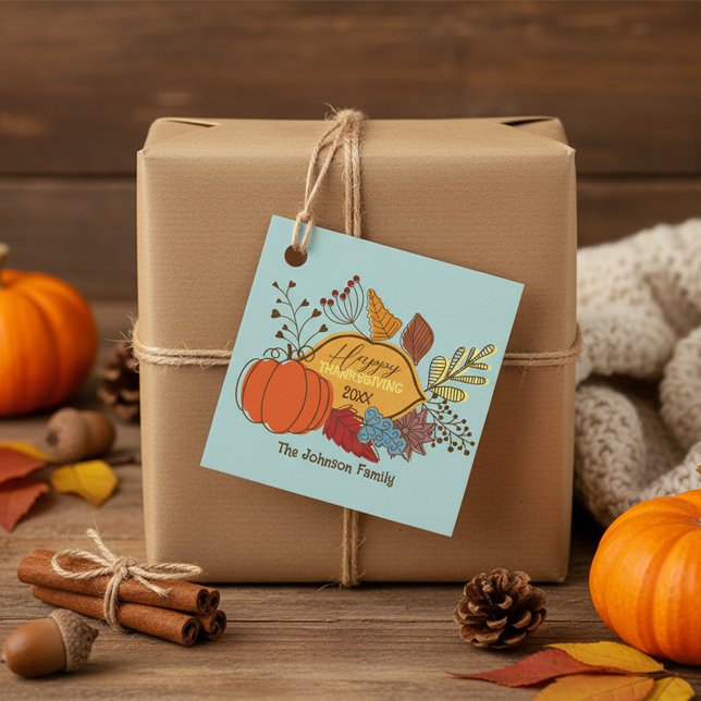 Boho Pastel Blue Harvest Pumpkin Thanksgiving Favor Tags (Creator Uploaded)