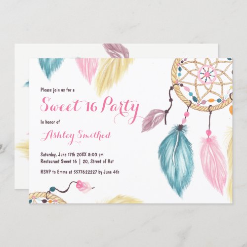 Boho pastel dreamcatcher feather pink Sweet 16 Invitation