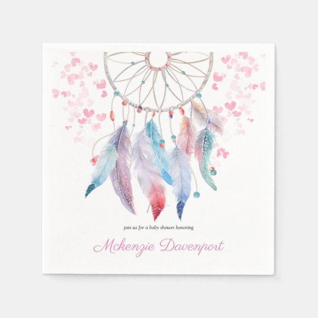 Boho Pastel Feathers Dreamcatcher Girl Baby Shower Napkins (Front)