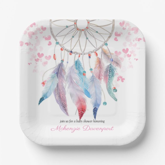 Boho Pastel Feathers Dreamcatcher Girl Baby Shower Paper Plates (Front)