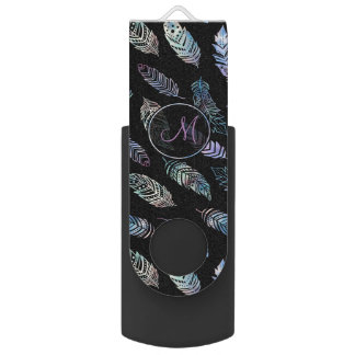 boho pastel feathers pattern on black monogrammed flash drive
