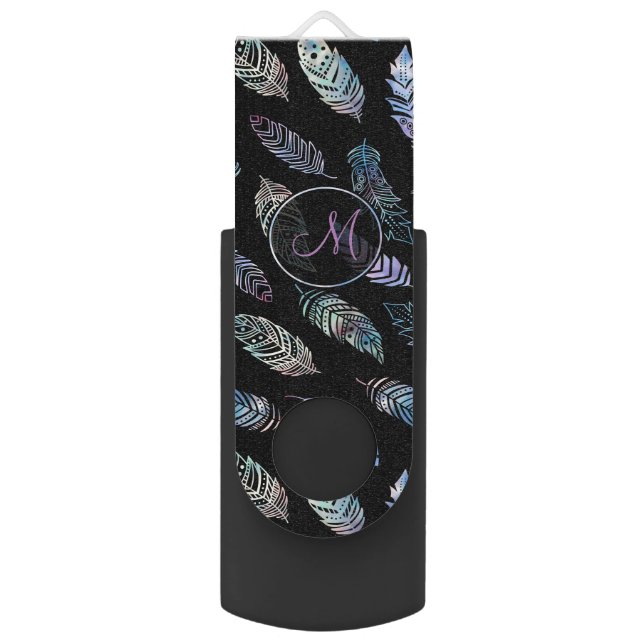 boho pastel feathers pattern on black monogrammed flash drive (Front Vertical)