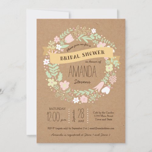 Whimsical Floral Wreath Craft Paper Bridal Shower Custom Announcements
