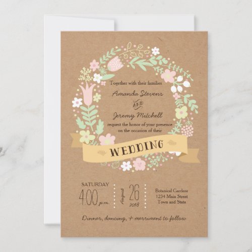 Whimsical Floral Wreath on Craft Paper Wedding Cards