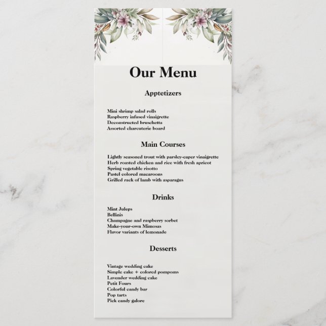 BOHO Pastel Garden Colors Wedding Dinner menu (Front)