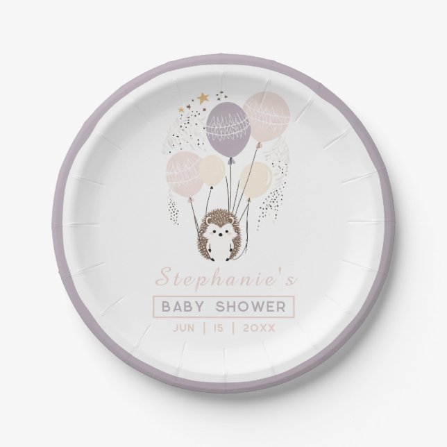 Boho Pastel Hedgehog and Balloons Baby Shower Paper Plates (Front)