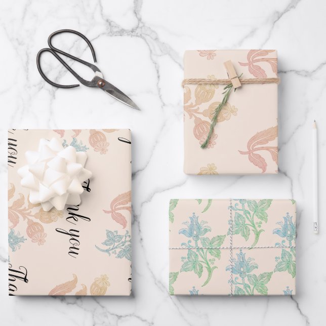 Boho Pastel Peach Floral Wedding Wrapping Paper Sheets (Front)