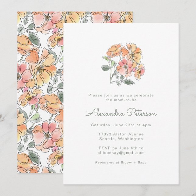 Boho Pastel Peach Watercolor Floral Baby Shower Invitation (Front/Back)