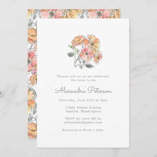 Boho Pastel Peach Watercolor Floral Baby Shower Invitation