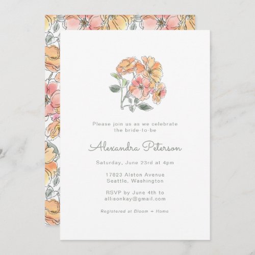 Boho Pastel Peach Watercolor Floral Bridal Shower Invitation