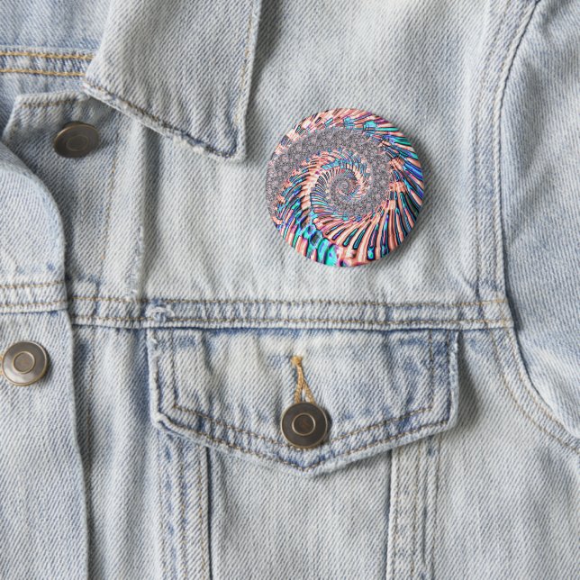 Boho Pastel Pink and Blue Spiral Abstract Fractal Button (In Situ)