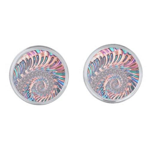 Boho Pastel Pink and Blue Spiral Abstract Fractal Cufflinks