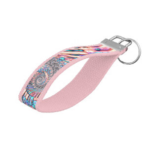 Boho Pastel Pink and Blue Spiral Abstract Fractal Wrist Keychain