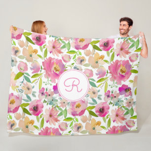 Boho Pastel Pink Green Floral Watercolor Botanical Fleece Blanket