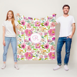Boho Pastel Pink Green Floral Watercolor Botanical Fleece Blanket