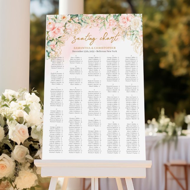 Boho pastel pink roses Alphabetical Seating Chart Foam Board (Modern Boho blush floral gold frame  wedding seating chart)