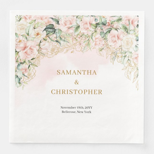 Boho pastel pink roses eucalyptus gold wedding paper dinner napkins (Front)