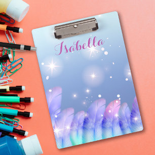 Boho Pastel Purple Pink Feathers and Sparkles Clipboard