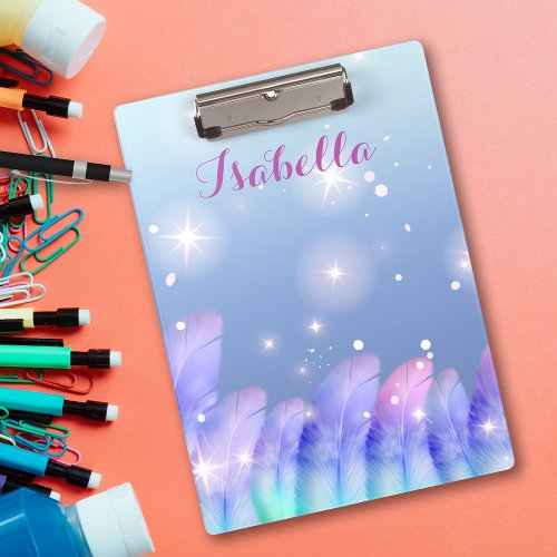 Boho Pastel Purple Pink Feathers Sparkles And Name Clipboard
