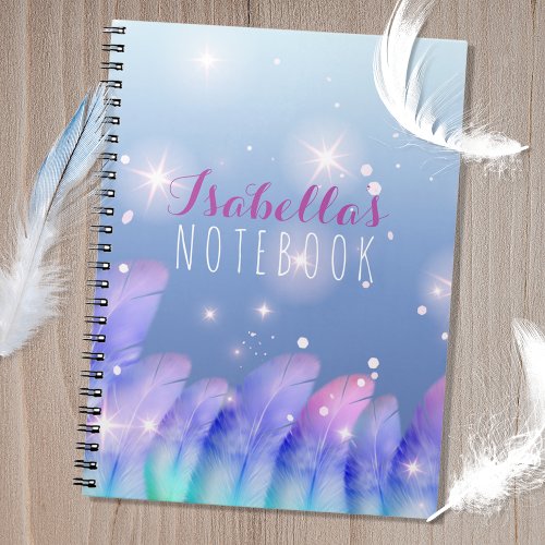 Boho Pastel Purple Pink Feathers Sparkles And Name Notebook