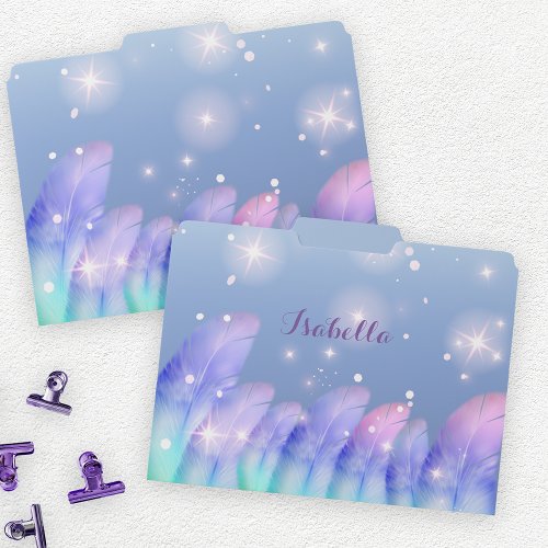 Boho Pastel Purple Pink Feathers Sparkles Custom File Folder