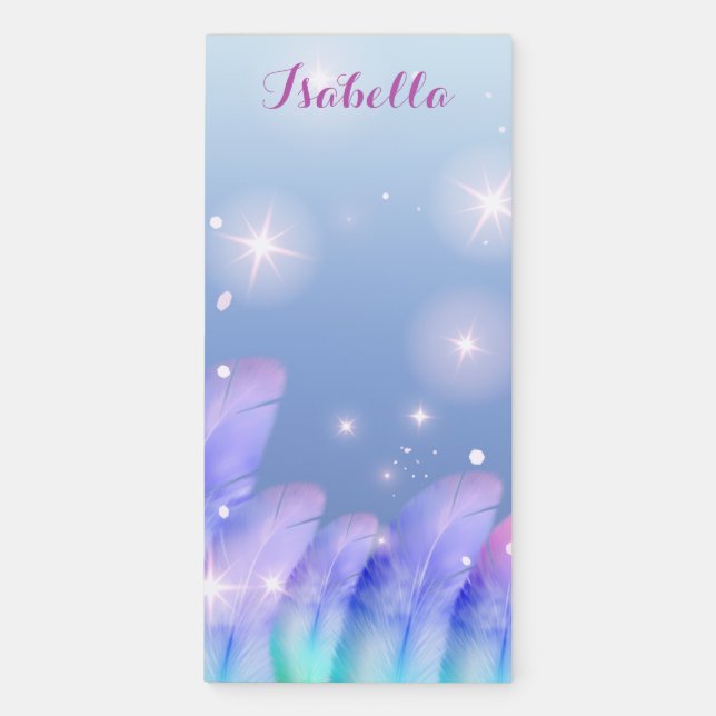 Boho Pastel Purple Pink Feathers Sparkles Custom Magnetic Notepad (Front)