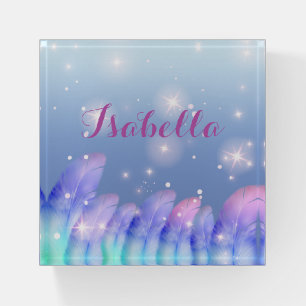 Boho Pastel Purple Pink Feathers Sparkles Custom Paperweight